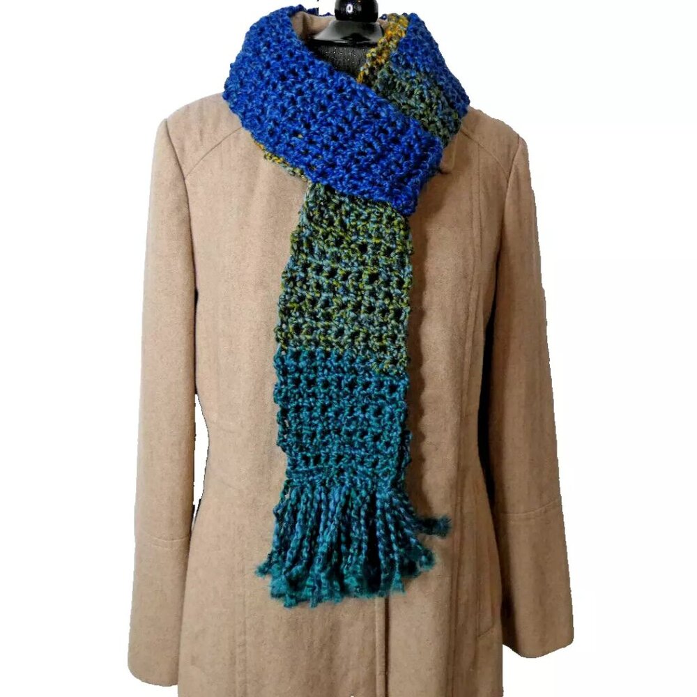 Blue Green Scarf 92x5 Long Handmade Crochet Hand Knit Unisex Retro Muffler NWT